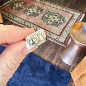 Midcentury modern 3 diamond anniversary ring white gold